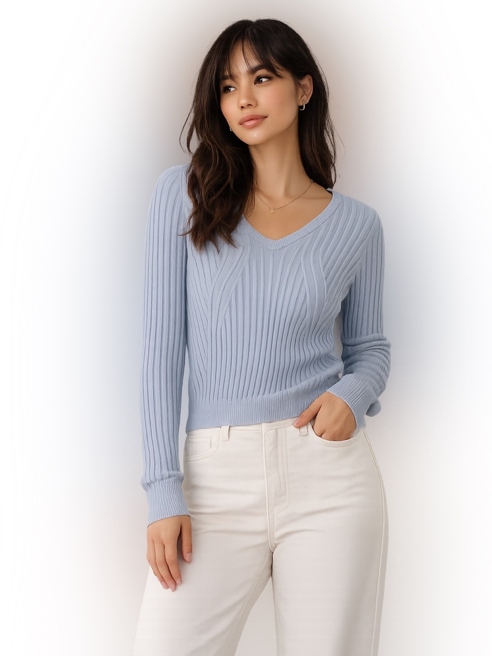 Evolution Light Blue Ribbed Knit Sweater V Neck Long Sleeve Size Large - Picture 1 of 4